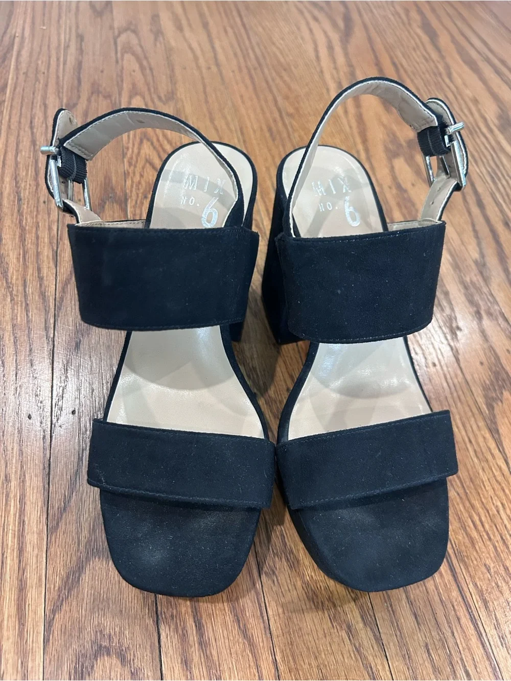 Black Suede Block Heel Sandals with Ankle Strap